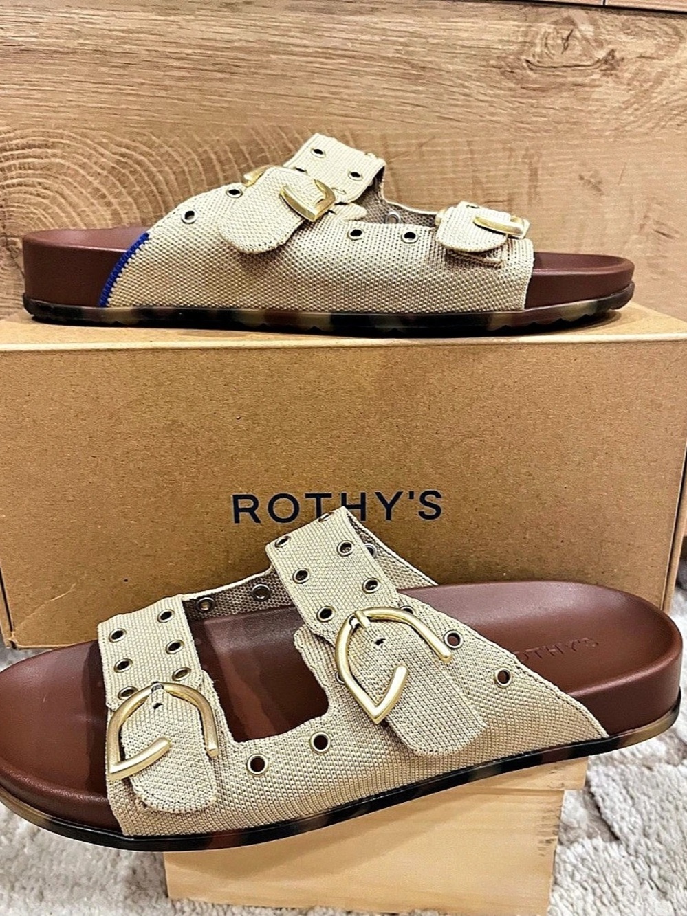 Rothy's The Eyelet Buckle Slide Buckle Slides in Tan US 9.5 NIB
